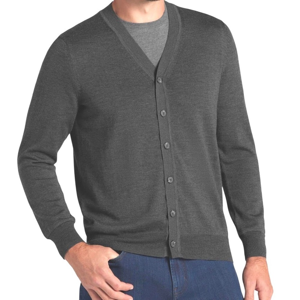 JOS A BANK Men's L Dark Gray Pima Cotton‎ V-Neck Button Down Cardigan Sweater